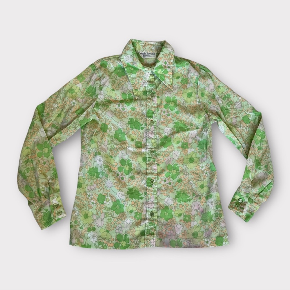 Vintage 70s/1970s shirt, pastel floral green, peach, and pink floral print